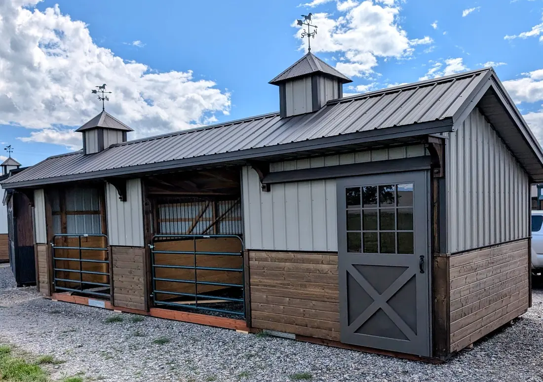 12×32 deluxe tongue-and-groove stable with gated stalls and tack room